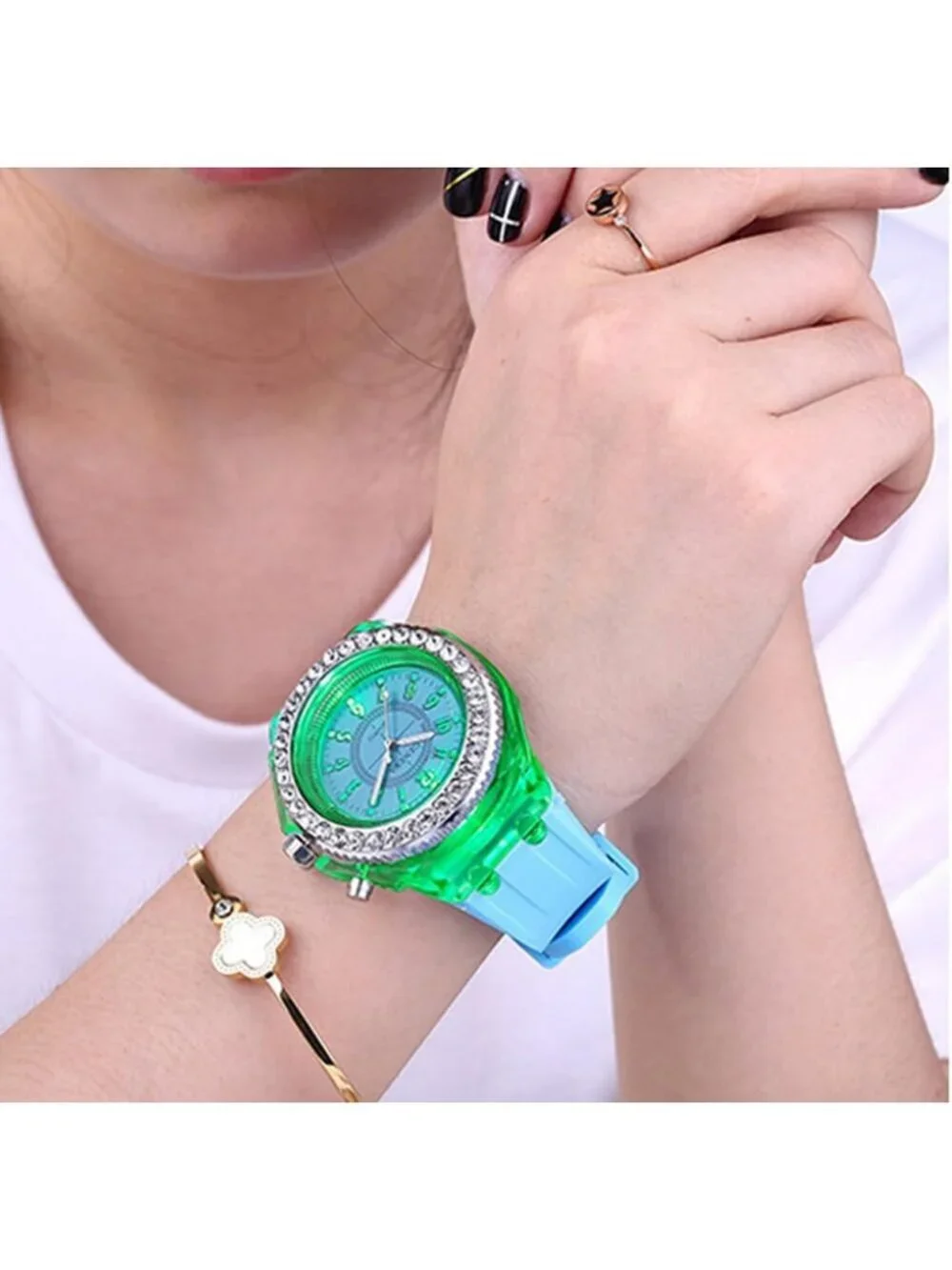 Women's Blue Analog Silicone Bling LED Luminous Lights Sport Square Wrist Watch